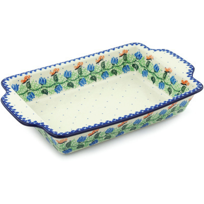 Polish Pottery Rectangular Baker with Handles 13&quot; Butterfly Field