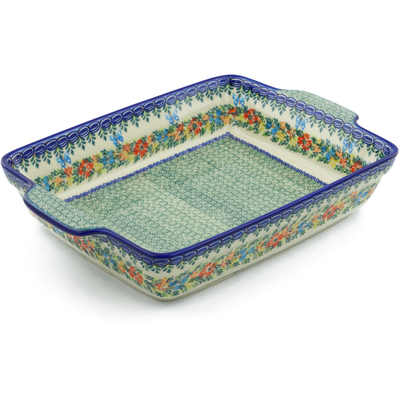 Polish Pottery Rectangular Baker with Handles 15&quot; Ring Of Flowers UNIKAT