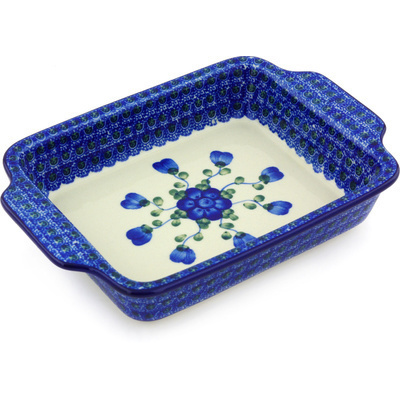 Polish Pottery Rectangular Baker with Handles 9&quot; Blue Poppies