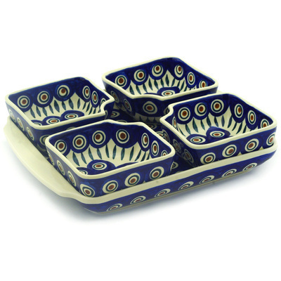 Polish Pottery Relish Server Set with Tray 10&quot; Blue Peacock