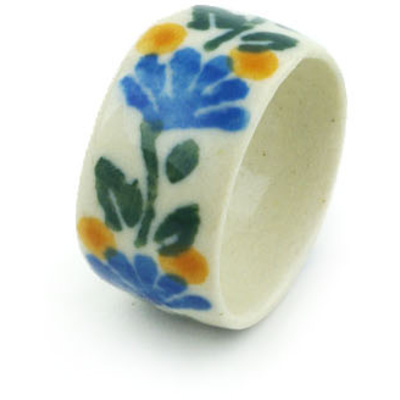 Polish Pottery Ring size 8 Blue Fan Flowers