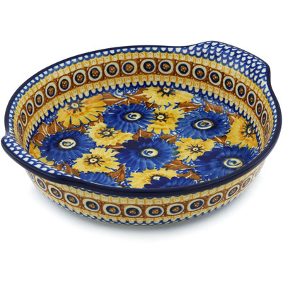 Polish Pottery Round Baker with Handles 10-inch Autumn Chrysanthemums UNIKAT
