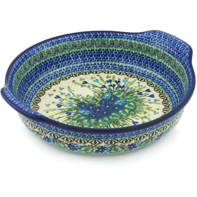 Polish Pottery Round Baker with Handles 10-inch Blue Violet Garden UNIKAT