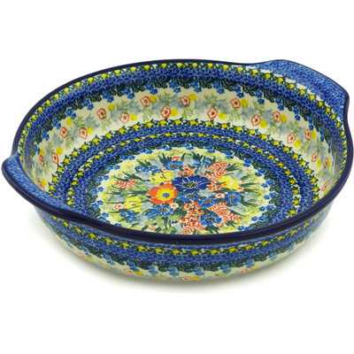 Polish Pottery Round Baker with Handles 10-inch Brilliant Blue UNIKAT