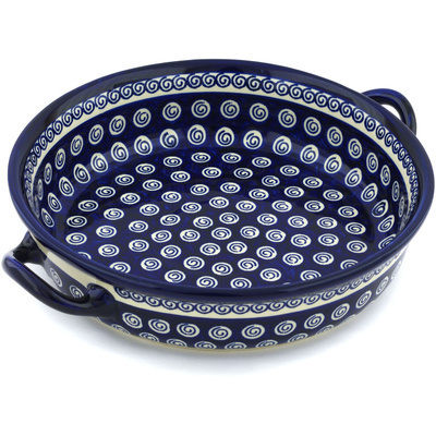 Polish Pottery Round Baker with Handles 13&quot; Cobalt Swirl