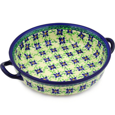 Polish Pottery Round Baker with Handles 13&quot; Gingham Patchwork