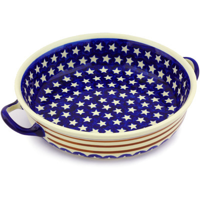 Polish Pottery Round Baker with Handles 13&quot; Stars And Stripes