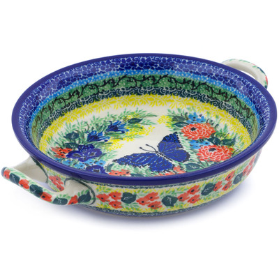 Polish Pottery Round Baker with Handles 6&frac12;-inch Blue Butterfly Meadow UNIKAT