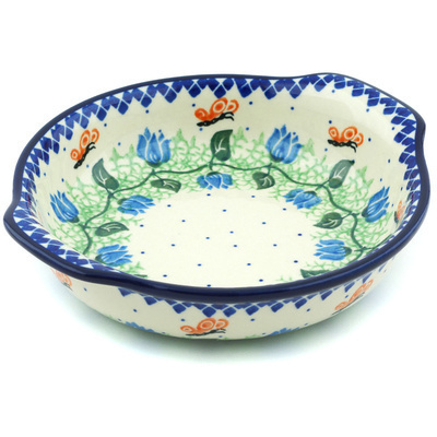 Polish Pottery Round Baker with Handles 7&quot; Butterfly Field