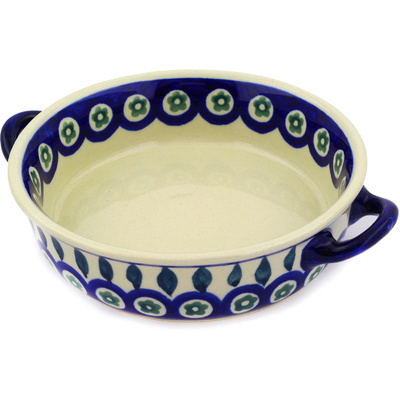 Polish Pottery Round Baker with Handles 7&quot; Emerald Peacock Garden