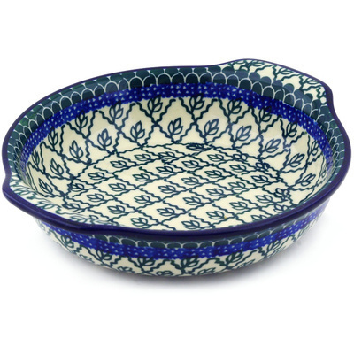 Polish Pottery Round Baker with Handles 7&quot; Trellis Leaves
