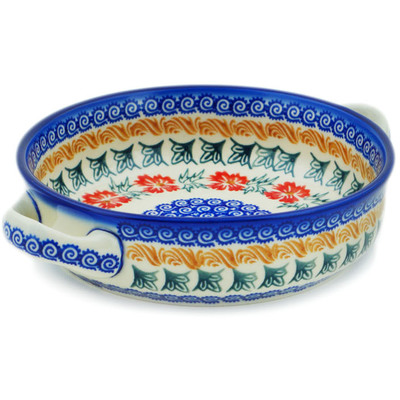 Polish Pottery Round Baker with Handles 8&quot; Red Cornflower