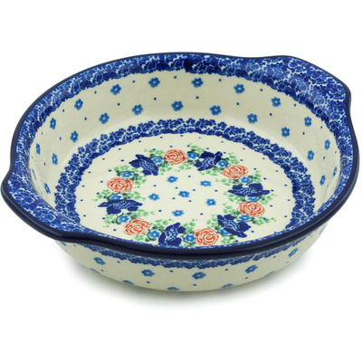 Polish Pottery Round Baker with Handles 9&quot; Flower Passion
