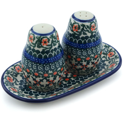 Polish Pottery Salt and Pepper 3-Piece Set Flower Basket UNIKAT