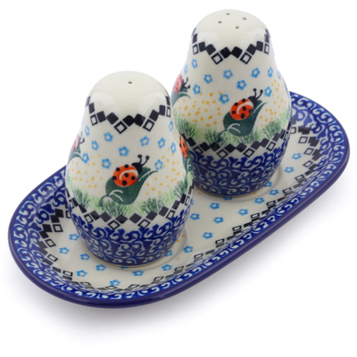 Polish Pottery Salt and Pepper 3-Piece Set Ladybug Leaves