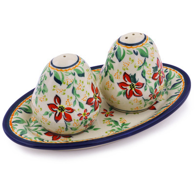 Polish Pottery Salt and Pepper Set 7&quot; Red Clematis UNIKAT