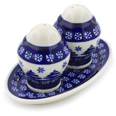Polish Pottery Salt and Pepper Set 7&quot; Winter Snowflake And Pine Tree