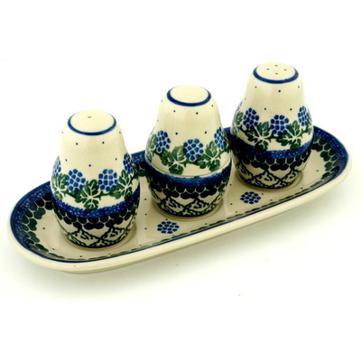 Polish Pottery Salt and Pepper with Toothpick Holder 10&quot; Blackberry Vines