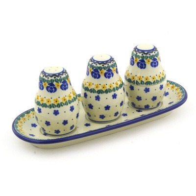 Polish Pottery Salt and Pepper with Toothpick Holder 10&quot; Summer Dasies