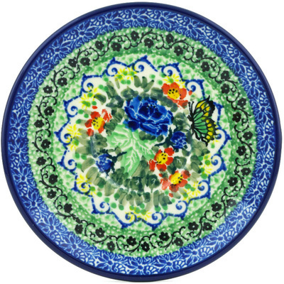 Polish Pottery Saucer 6&quot; Blue Rose Butterfly UNIKAT