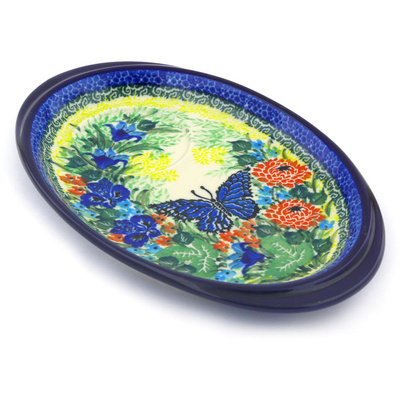 Polish Pottery Saucer 9&quot; Blue Butterfly Meadow UNIKAT