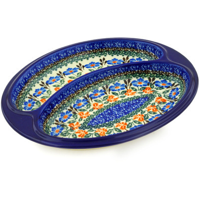 Polish Pottery sausage plate Orange And Blue Delight