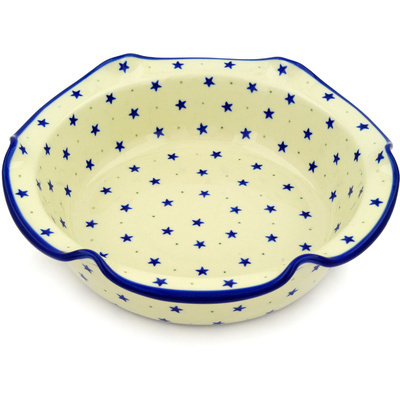 Polish Pottery Scalloped Bowl 10&quot; Blue Star Sprinkle