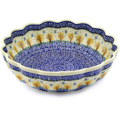 Polish Pottery Scalloped Bowl 12&quot; Autumn Blue Birds