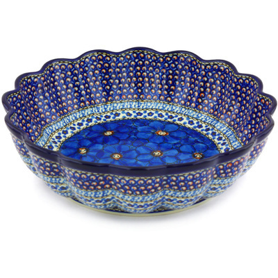 Polish Pottery Scalloped Bowl 12&quot; Cobalt Poppies UNIKAT