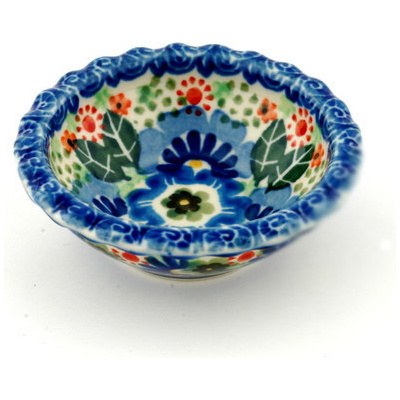 Polish Pottery Scalloped Bowl 3&quot; Blue Morning Glory UNIKAT