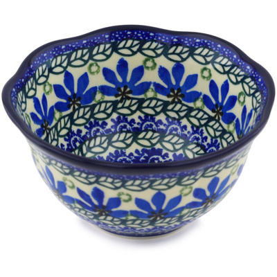 Polish Pottery Scalloped Bowl 6&quot; Blue Fan Flowers