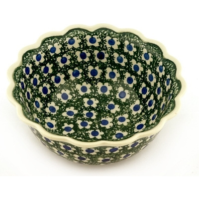Polish Pottery Scalloped Bowl 7&quot; Blue Dot Daisy
