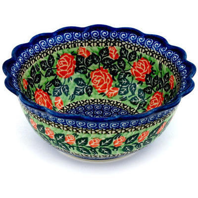 Polish Pottery Scalloped Bowl 7&quot; Rose Rings UNIKAT
