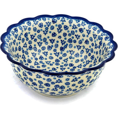 Polish Pottery Scalloped Bowl 8&quot; Blue Confetti