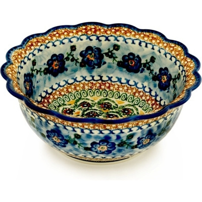 Polish Pottery Scalloped Bowl 8&quot; Blue Poppy Circle UNIKAT