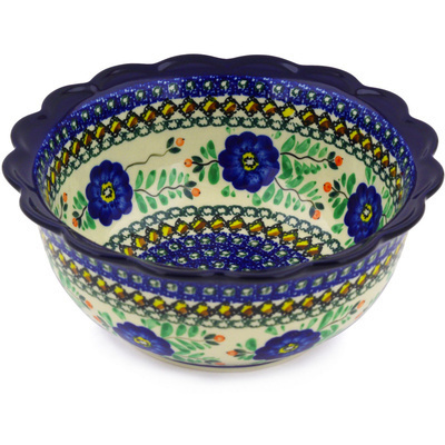 Polish Pottery Scalloped Bowl 8&quot; Cobalt Poppies UNIKAT