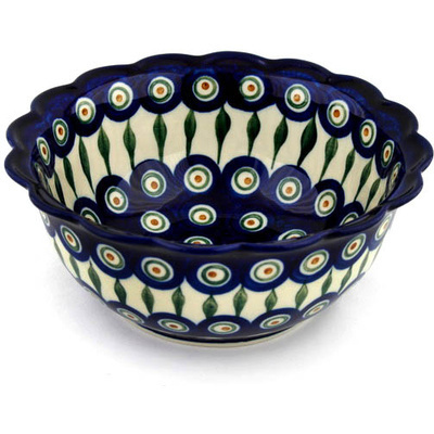 Polish Pottery Scalloped Bowl 8&quot; Peacock Leaves