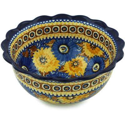 Polish Pottery Scalloped Bowl 9&quot; Autumn Chrysanthemums UNIKAT