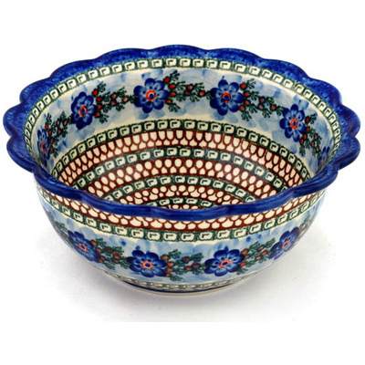 Polish Pottery Scalloped Bowl 9&quot; Blue Poppy Wreath UNIKAT