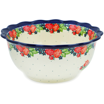 Polish Pottery Scalloped Bowl 9&quot; In The Rose Garden