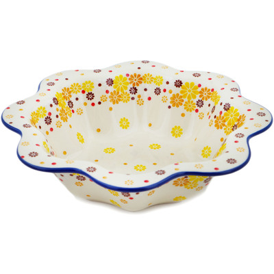 Polish Pottery Scalloped Fluted Bowl 10&quot; Yellow Daisy Chain