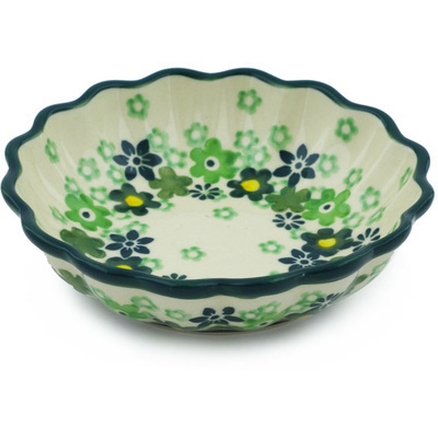 Polish Pottery Scalloped Fluted Bowl 5&quot; Green Wreath