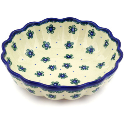 Polish Pottery Scalloped Fluted Bowl 7&quot; Paper Flowers