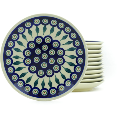Polish Pottery Set of 12 Plates 7&quot; Peacock Leaves