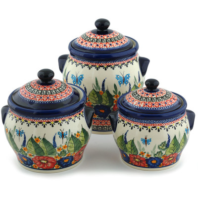 Polish Pottery Set of 3 Jars 8&quot; Spring Splendor UNIKAT