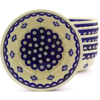Polish Pottery Set of 6 Bowls 7&quot; Blue Boutonniere