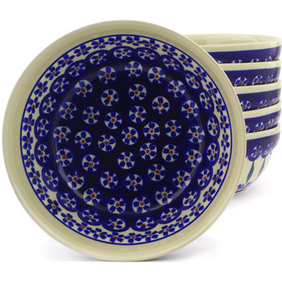 Polish Pottery Set of 6 Bowls 7&quot; Flowering Peacock
