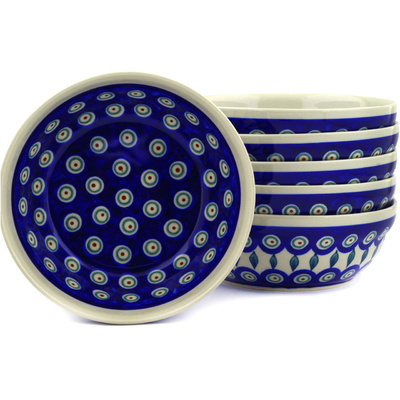 Polish Pottery Set of 6 Bowls 7&quot; Peacock Leaves