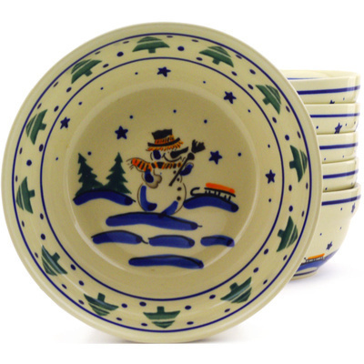 Polish Pottery Set of 6 Bowls 7&quot; Winter Forest