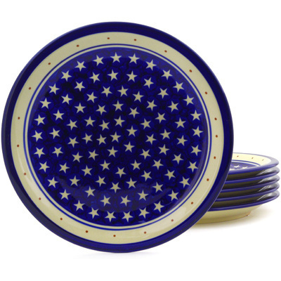 Polish Pottery Set of 6 Plates 11&quot; Blue Star Americana